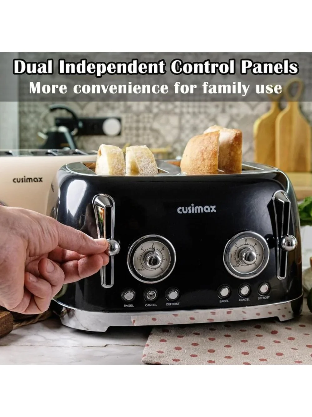 4 Slice Black Stainless Steel Retro Defrost Toaster with Wide Slots for Bagels